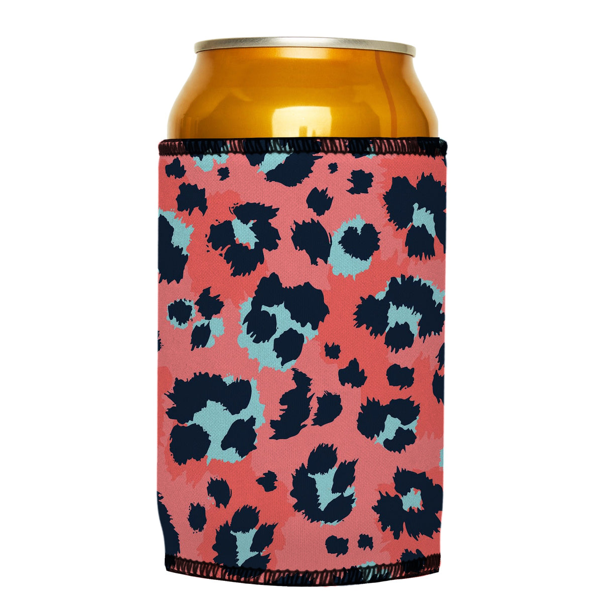 Coral Leopard Print Stubbyz One Size cooler on a standard can