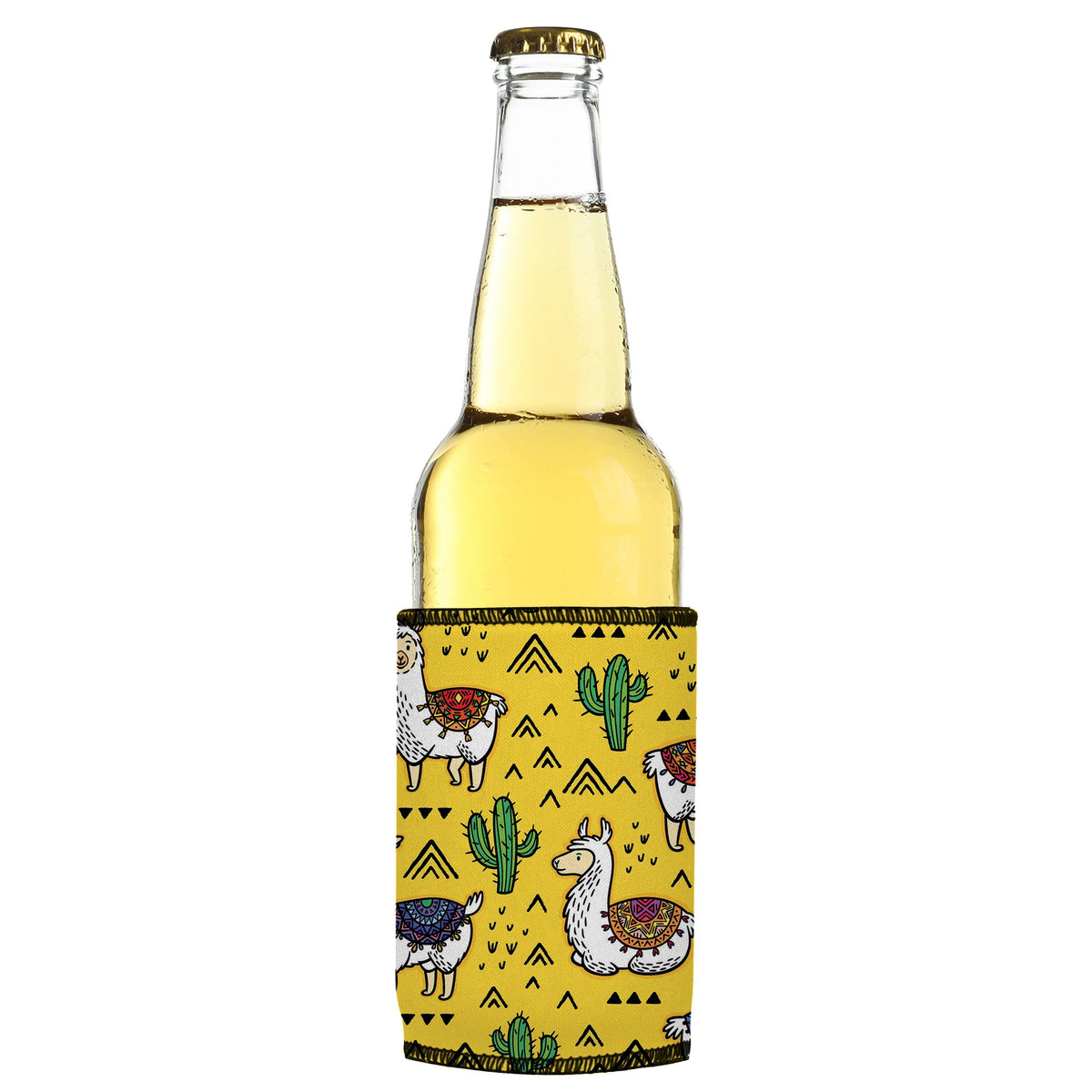 Llamas & Cactus Stubbyz One Size cooler on a slim bottle, angled view