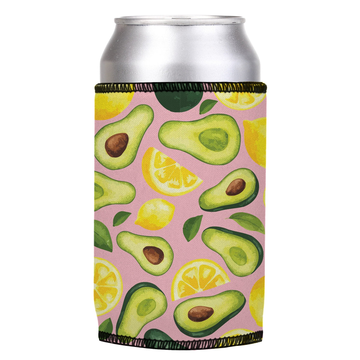 Avos & Lemons Stubbyz One Size cooler on a standard can, angled view