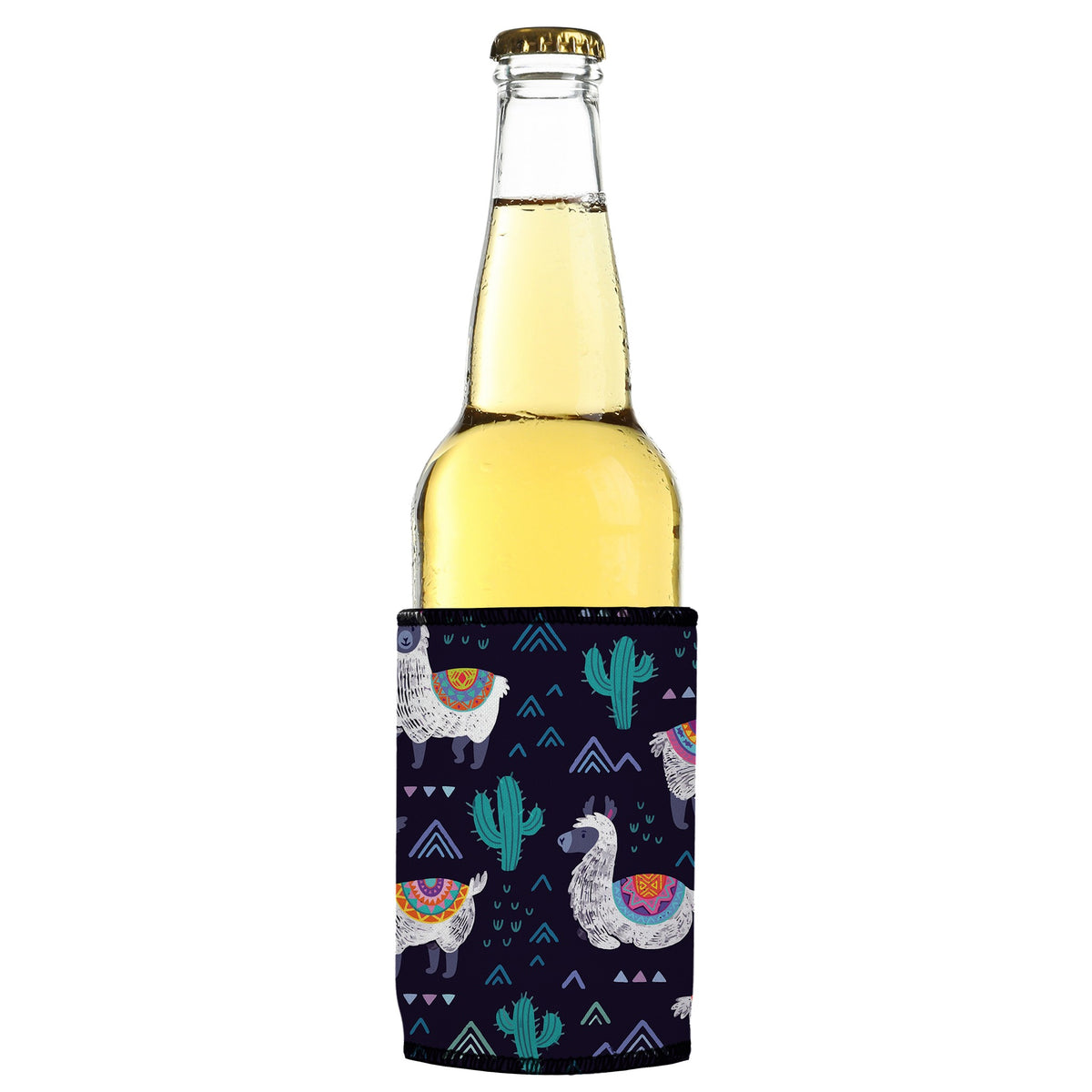 Alpaca & Llamas Stubbyz One Size cooler on a slim bottle, angled view