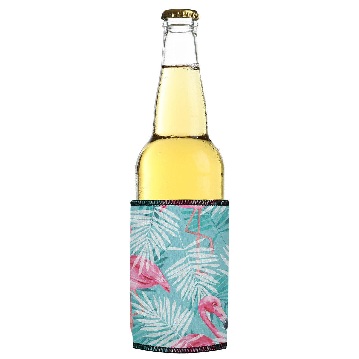 Pink Flamingos Stubbyz One Size cooler on a slim bottle, angled view