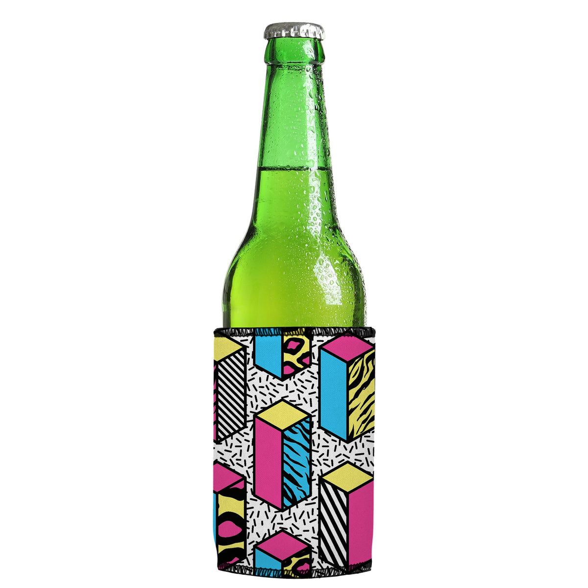 80s Allover Stubbyz One Size cooler on a slim Euro-style bottle