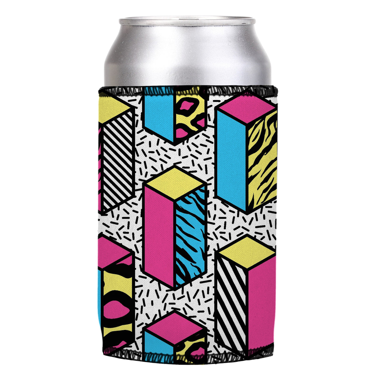 80s Allover Stubbyz One Size cooler on a standard can, angled view
