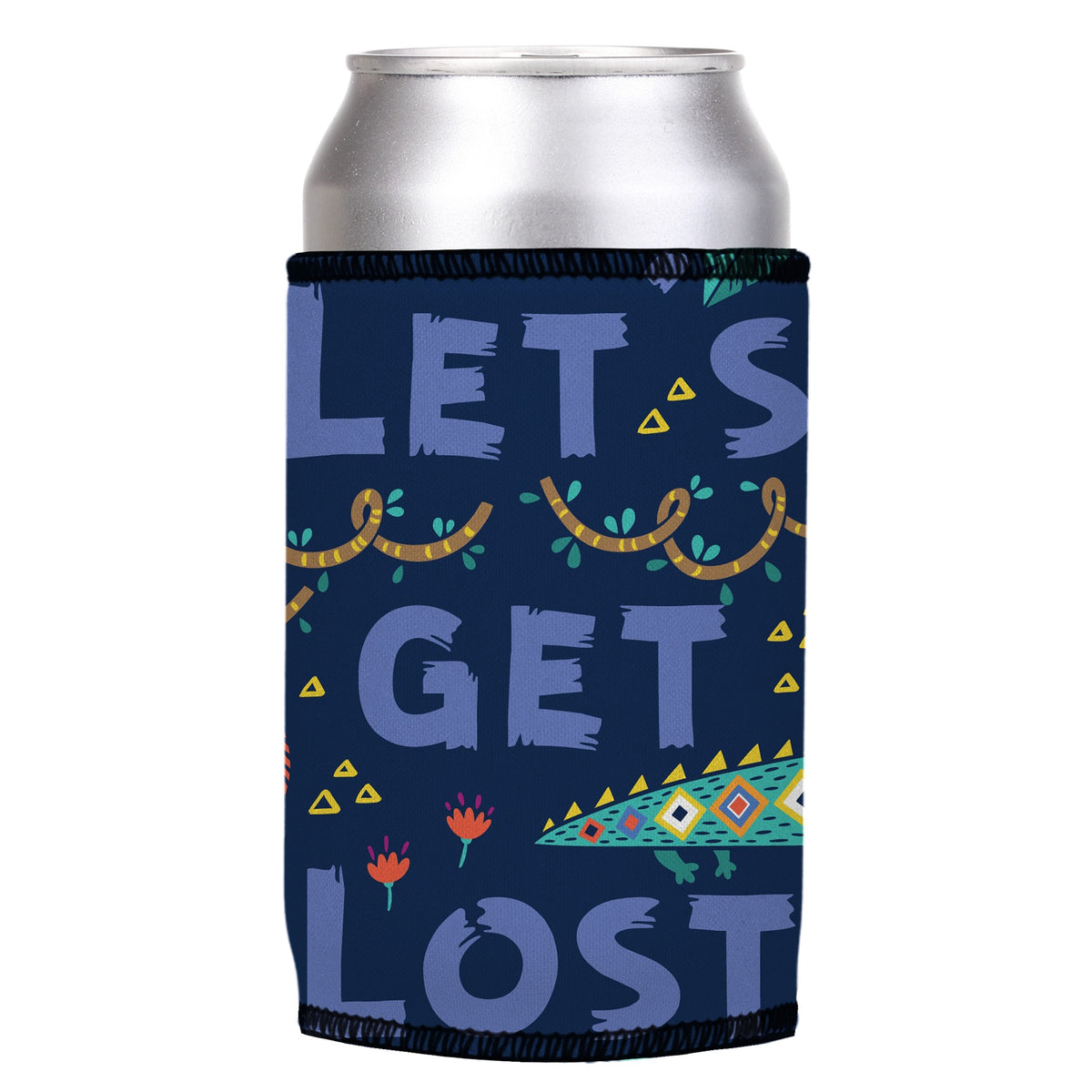 Lets Get Lost in the Wild Stubbyz One Size cooler on a standard can, angled view